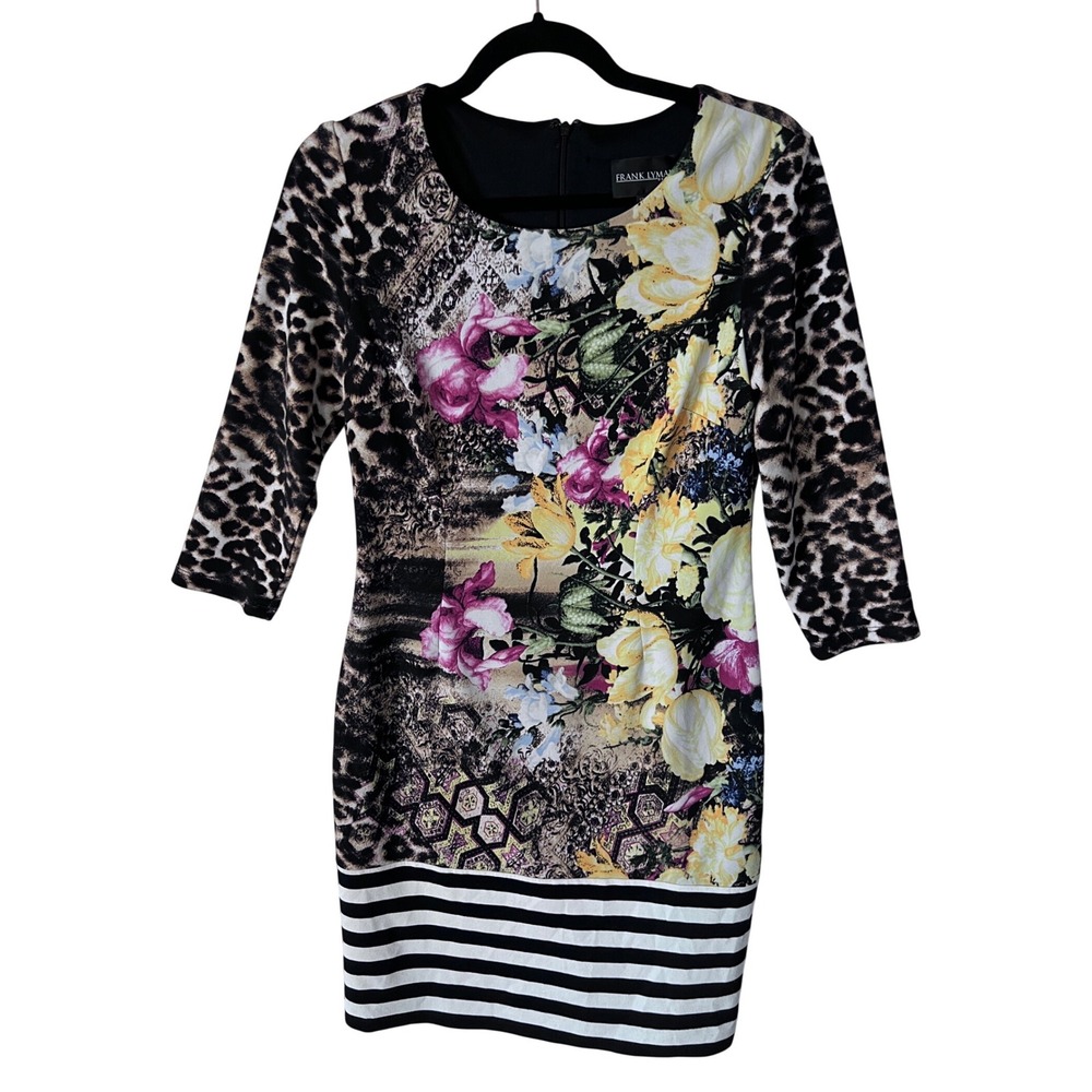 Frank Lyman Design Leopard Floral Striped Sheath Dress 3/4 Sleeve Size 8
